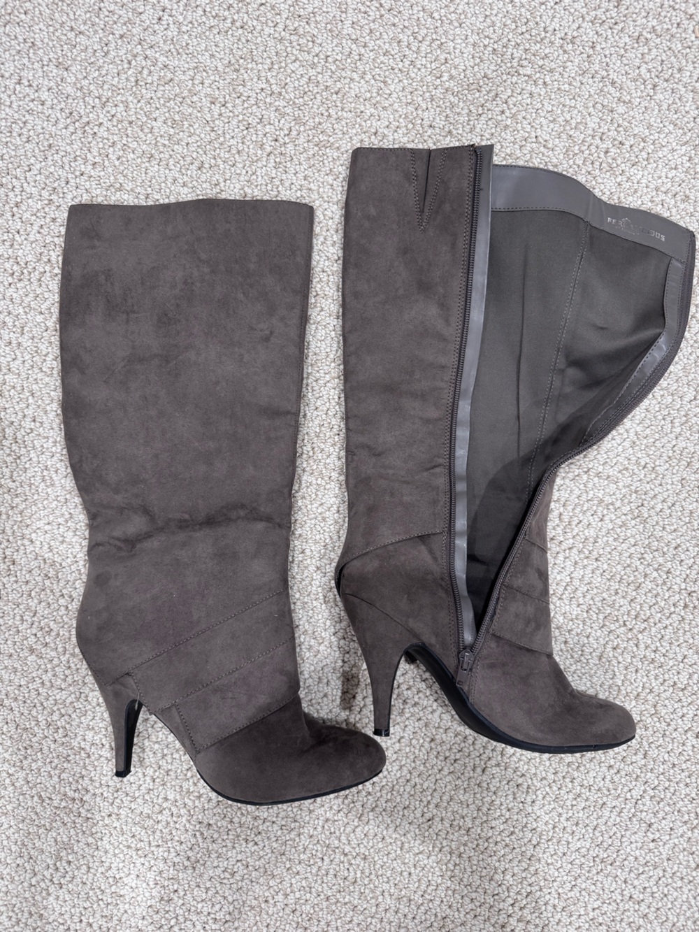 Fergalicious Taupe Suede Mid-Calf High-Heel Boots